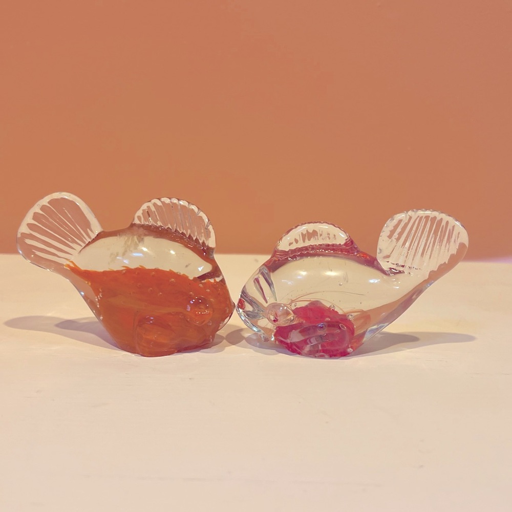 Set of Two Clear Glass Pink Orange Fish Paperweights 3” Tall